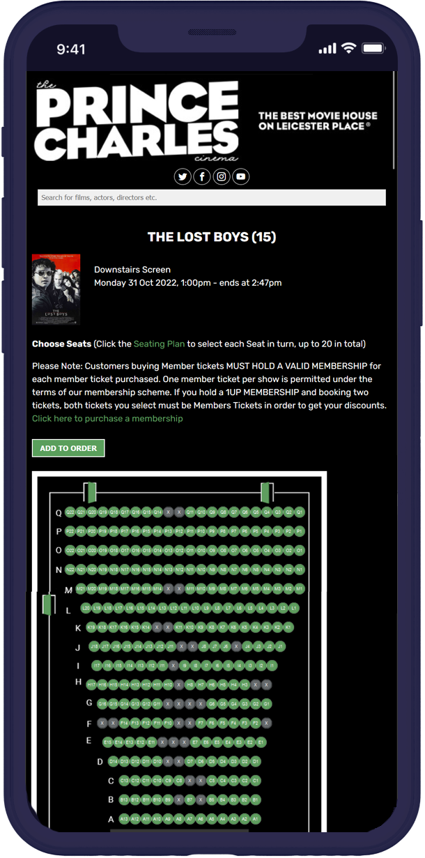 A Cinema website displayed on a mobile phone